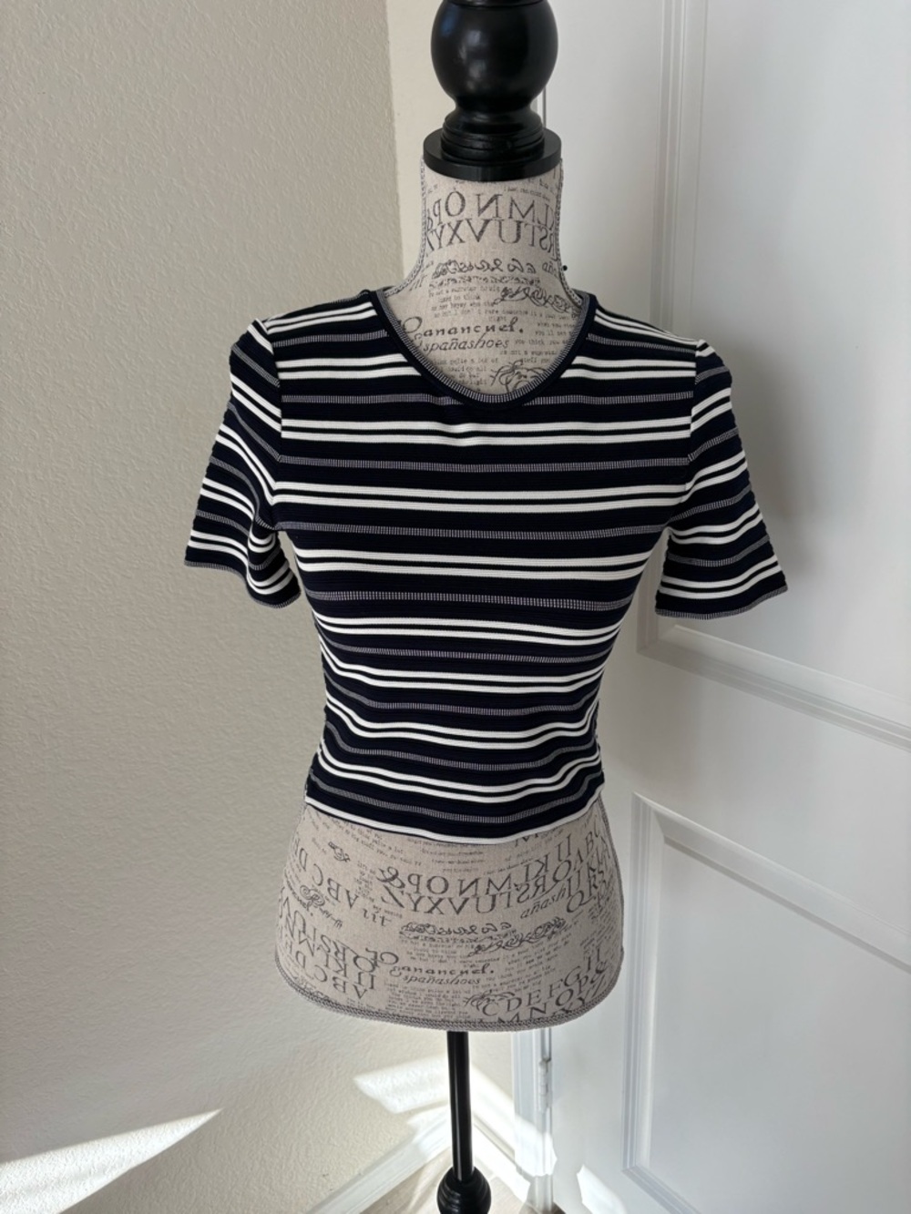 Club Monaco Striped Navy and White Short Sleeve Crewneck Woven top